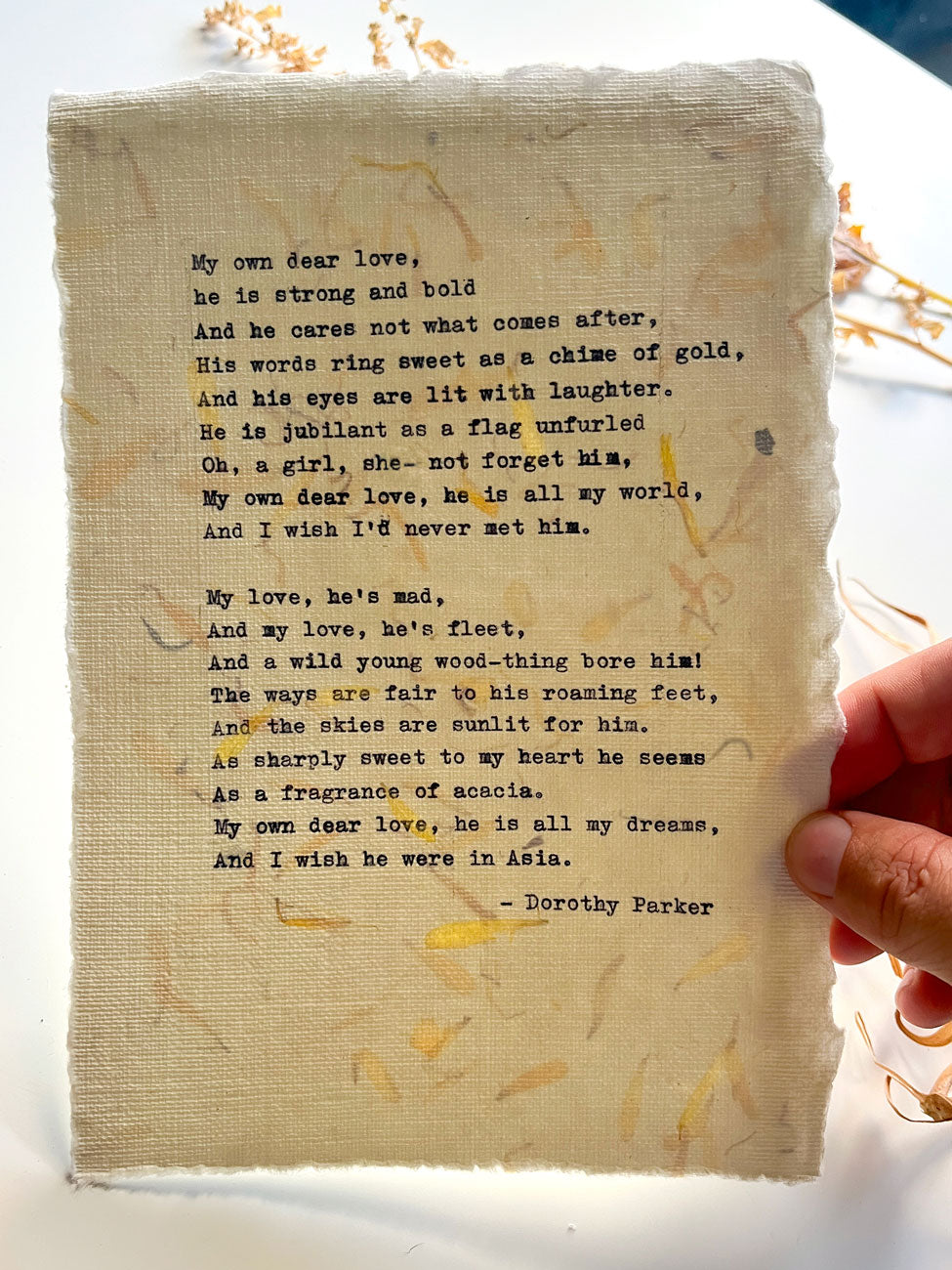 Personalized Poem on pressed flowers paper